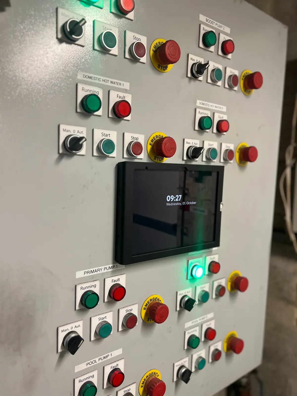 Plantroom control panel with local controls and an integrated operator display